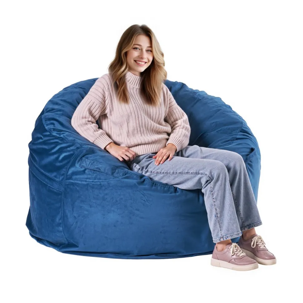 VEVOR Bean Bag Chair, Round BeanBag Chair with Removable & Washable Cover for Adult, Dutch Velvet & High-Density Foam Filling Adult Bean Bag with Handle and Side Pocket for Living Room, Bedroom, Blue