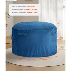 VEVOR Bean Bag Chair, Round BeanBag Chair with Removable & Washable Cover for Adult, Dutch Velvet & High-Density Foam Filling Adult Bean Bag with Handle and Side Pocket for Living Room, Bedroom, Blue