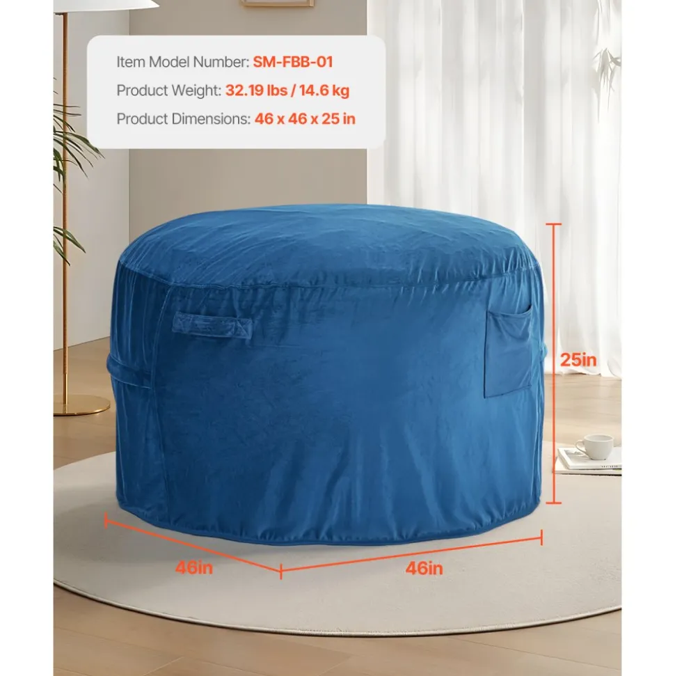 VEVOR Bean Bag Chair, Round BeanBag Chair with Removable & Washable Cover for Adult, Dutch Velvet & High-Density Foam Filling Adult Bean Bag with Handle and Side Pocket for Living Room, Bedroom, Blue