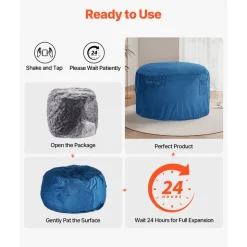 VEVOR Bean Bag Chair, Round BeanBag Chair with Removable & Washable Cover for Adult, Dutch Velvet & High-Density Foam Filling Adult Bean Bag with Handle and Side Pocket for Living Room, Bedroom, Blue