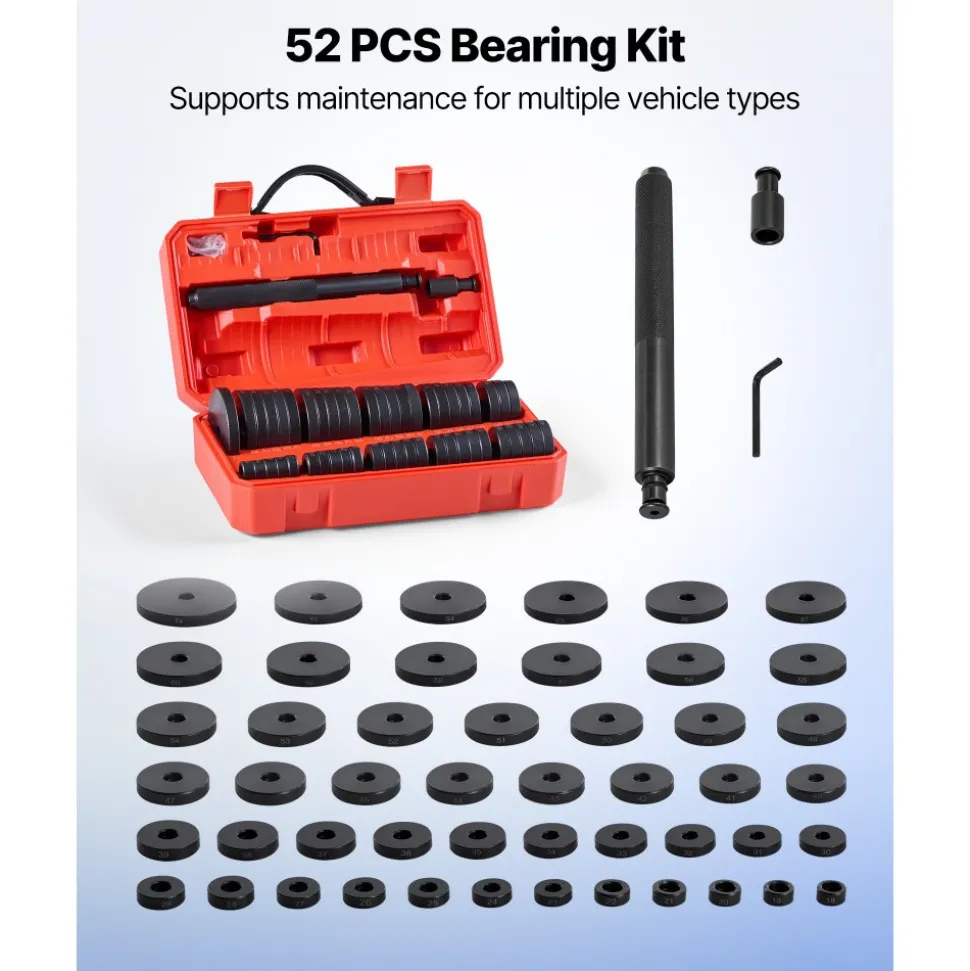 VEVOR Bearing Press Kit, 52 Pcs, Bearing Race and Seal Driver Set with 49 Bushings and Handle Shaft, Bushing Driver Tool Set, Heavy Duty Carbon Steel Removal Installation Tool Kit with Storage Case