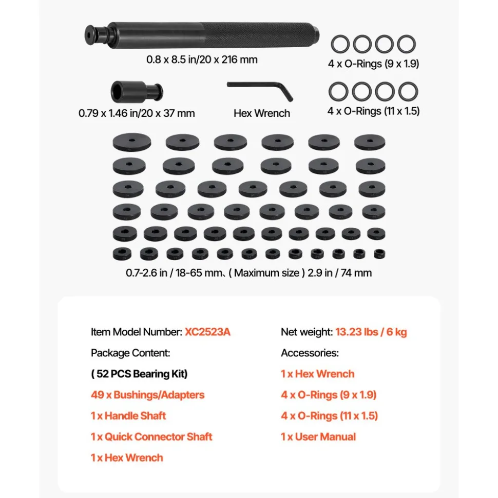 VEVOR Bearing Press Kit, 52 Pcs, Bearing Race and Seal Driver Set with 49 Bushings and Handle Shaft, Bushing Driver Tool Set, Heavy Duty Carbon Steel Removal Installation Tool Kit with Storage Case
