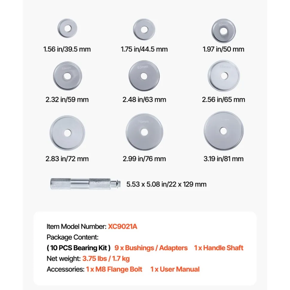 VEVOR Bearing Press Kit, 10 Pcs, Bearing Race and Seal Driver Set with 9 Bushings and Handle Shaft, Bushing Driver Tool Set, Heavy Duty Aluminum Alloy Removal Installation Tool Kit with Storage Case