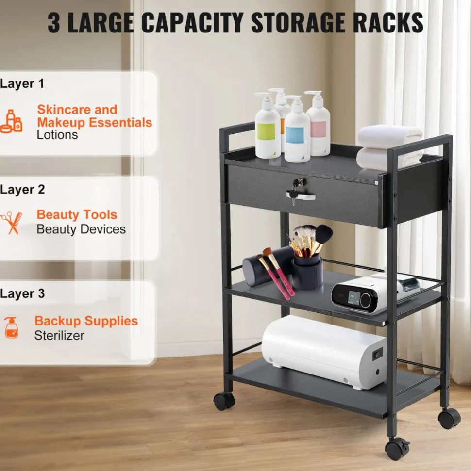 VEVOR Beauty Salon Trolley Cart, 3-Tier Hair Salon Stations Cabinet for Stylist with Lockable Drawer, MDF Rolling Storage Station with 4 Wheels (2 Lockable) for Beauty SPA Barbershop Tattoo