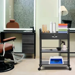 VEVOR Beauty Salon Trolley Cart, 3-Tier Hair Salon Stations Cabinet for Stylist with Lockable Drawer, MDF Rolling Storage Station with 4 Wheels (2 Lockable) for Beauty SPA Barbershop Tattoo