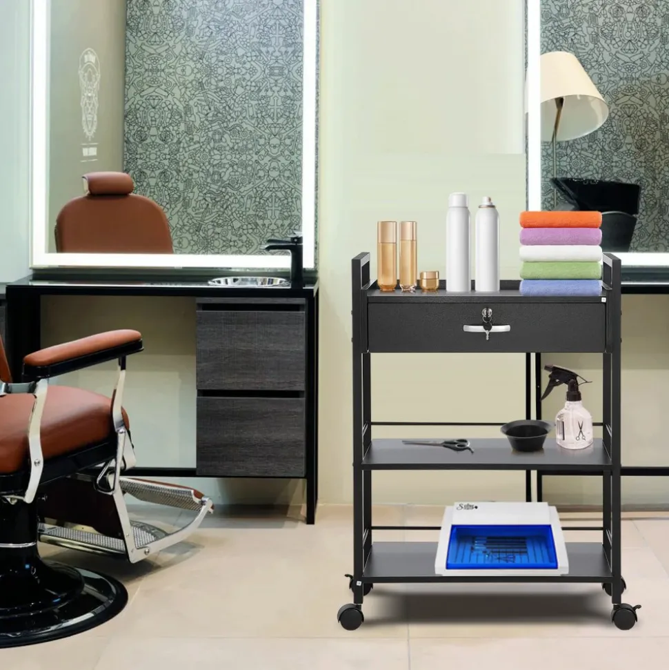 VEVOR Beauty Salon Trolley Cart, 3-Tier Hair Salon Stations Cabinet for Stylist with Lockable Drawer, MDF Rolling Storage Station with 4 Wheels (2 Lockable) for Beauty SPA Barbershop Tattoo