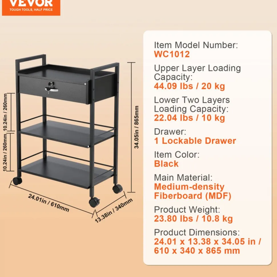 VEVOR Beauty Salon Trolley Cart, 3-Tier Hair Salon Stations Cabinet for Stylist with Lockable Drawer, MDF Rolling Storage Station with 4 Wheels (2 Lockable) for Beauty SPA Barbershop Tattoo