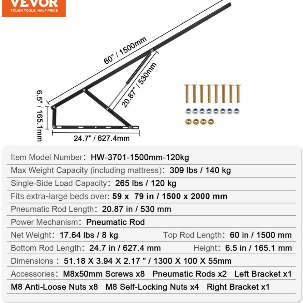VEVOR Bed Lift, 59x79 in Compatible Extra-large Size 309 lbs Load Bearing, DIY Wall Bed Mechanical Hardware Kit Vertical Deluxe, Pneumatic Lever Heavy Duty Support, Folding for Guestroom