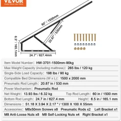 VEVOR Bed Lift, 59x79 in Compatible Bed Size 265 lbs Load Bearing, DIY Wall Bed Mechanical Hardware Kit Vertical Deluxe, Pneumatic Lever Heavy Duty Bed Support, Folding Wall Bed for Guestroom