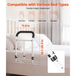 VEVOR Bed Rail for Elderly Adults 200LBS Loading Bed Side Assist Rail, High-Strength Steel Bedside Cane for Seniors, with Adjustable Height & Base Length, Non-Slip Handle, Fit King Queen Full Twin Bed