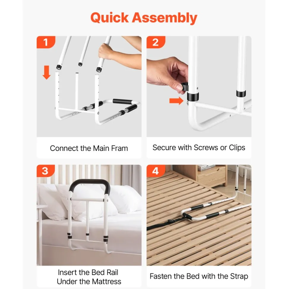 VEVOR Bed Rail for Elderly Adults 200LBS Loading Bed Side Assist Rail, High-Strength Steel Bedside Cane for Seniors, with Adjustable Height & Base Length, Non-Slip Handle, Fit King Queen Full Twin Bed