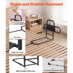 VEVOR Bed Rail for Elderly Adults Foldable Bedside Assist Rail for Seniors, 300LBS Dual-Handle Support, Adjustable Handle Length, High-Strength Steel, with Storage Pocket, Fit King Queen Full Twin Bed