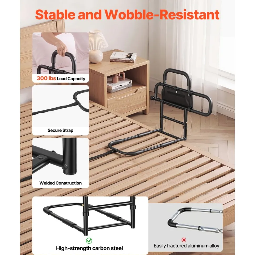 VEVOR Bed Rail for Elderly Adults Foldable Bedside Assist Rail for Seniors, 300LBS Dual-Handle Support, Adjustable Handle Length, High-Strength Steel, with Storage Pocket, Fit King Queen Full Twin Bed