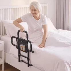 VEVOR Bed Rail for Elderly Adults Foldable Bedside Assist Rail for Seniors, 300LBS Dual-Handle Support, Adjustable Handle Length, High-Strength Steel, with Storage Pocket, Fit King Queen Full Twin Bed
