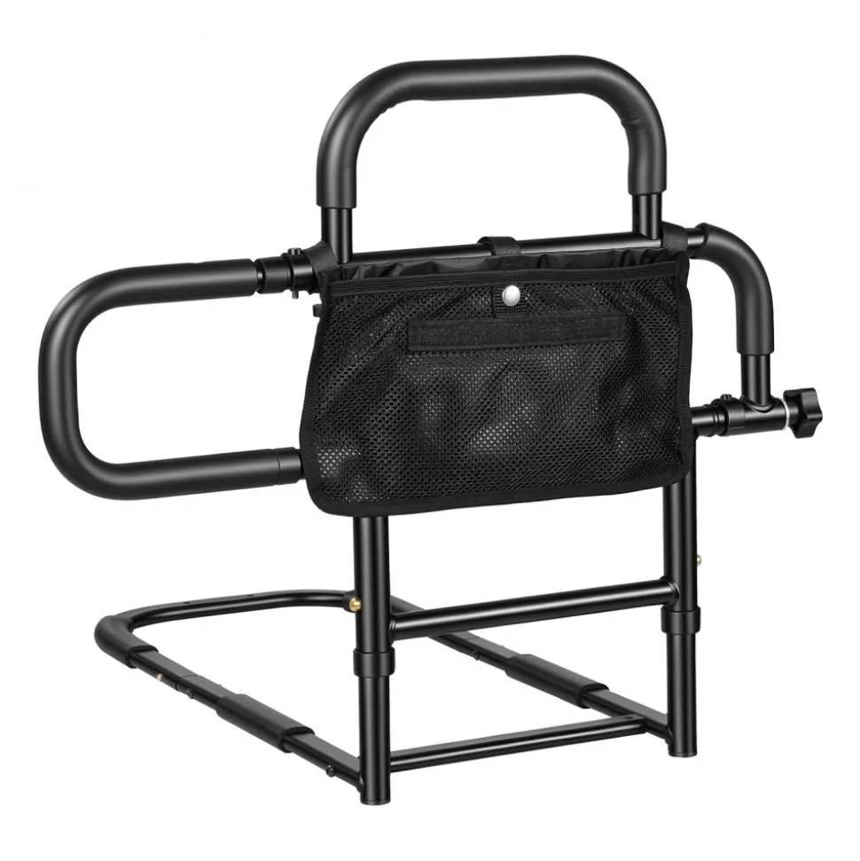 VEVOR Bed Rail for Elderly Adults Foldable Bedside Assist Rail for Seniors, 300LBS Dual-Handle Support, Adjustable Handle Length, High-Strength Steel, with Storage Pocket, Fit King Queen Full Twin Bed