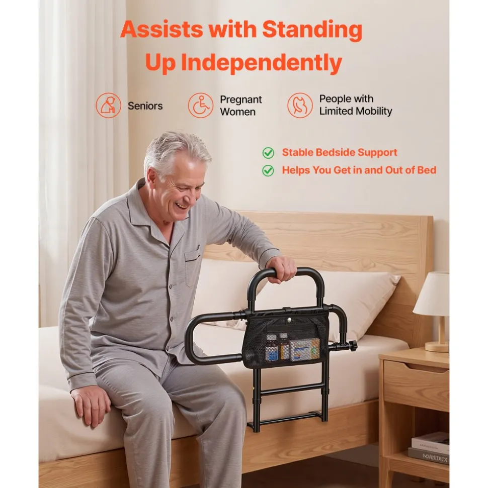 VEVOR Bed Rail for Elderly Adults Foldable Bedside Assist Rail for Seniors, 300LBS Dual-Handle Support, Adjustable Handle Length, High-Strength Steel, with Storage Pocket, Fit King Queen Full Twin Bed