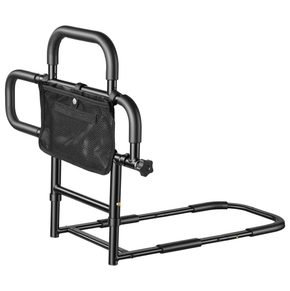 VEVOR Bed Rail for Elderly Adults Foldable Bedside Assist Rail for Seniors, 300LBS Dual-Handle Support, Adjustable Handle Length, High-Strength Steel, with Storage Pocket, Fit King Queen Full Twin Bed