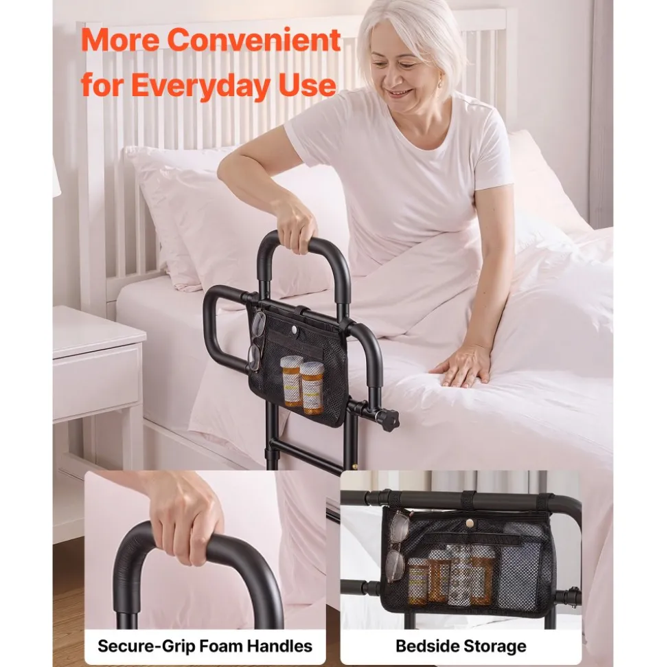 VEVOR Bed Rail for Elderly Adults Foldable Bedside Assist Rail for Seniors, 300LBS Dual-Handle Support, Adjustable Handle Length, High-Strength Steel, with Storage Pocket, Fit King Queen Full Twin Bed