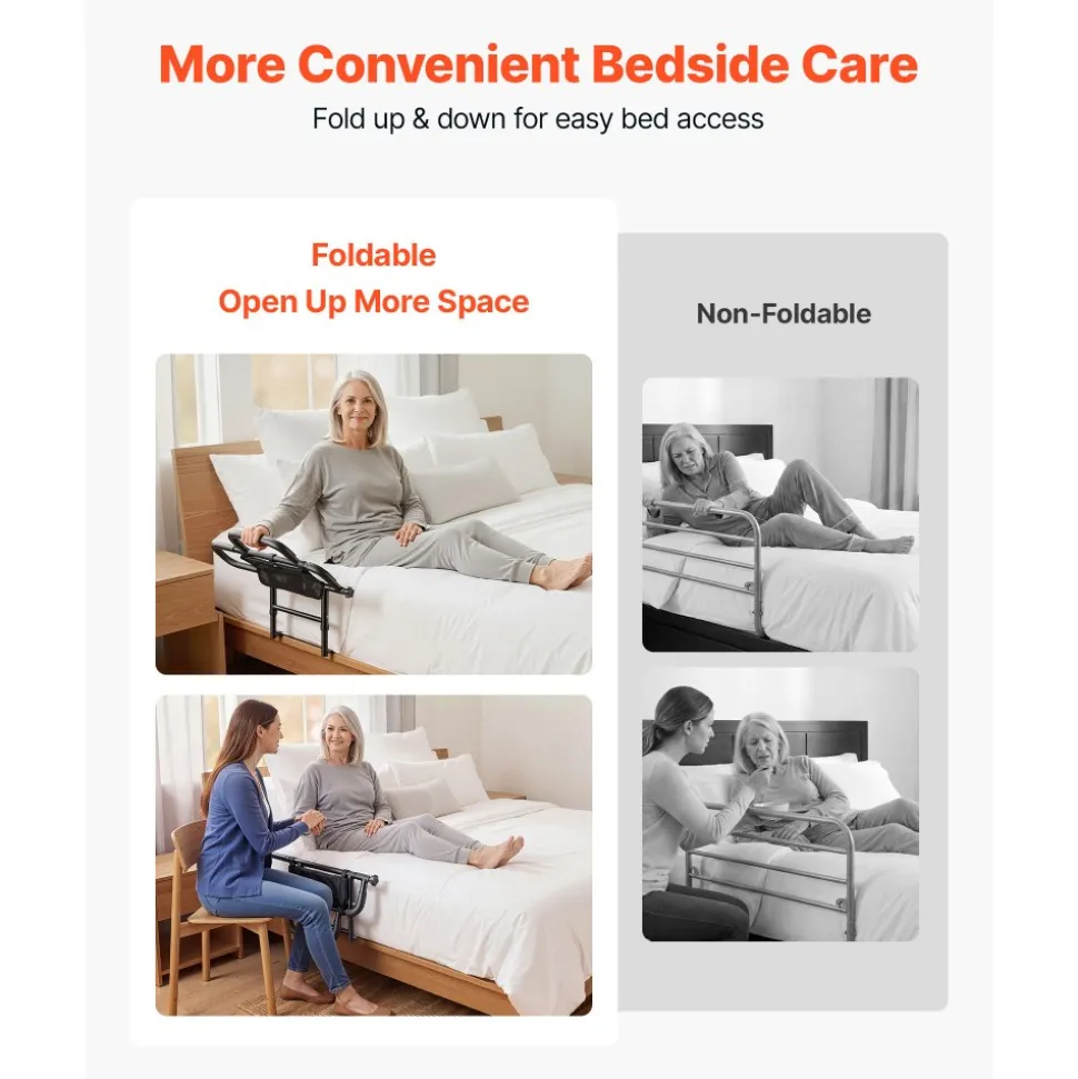 VEVOR Bed Rail for Elderly Adults Foldable Bedside Assist Rail for Seniors, 300LBS Dual-Handle Support, Adjustable Handle Length, High-Strength Steel, with Storage Pocket, Fit King Queen Full Twin Bed