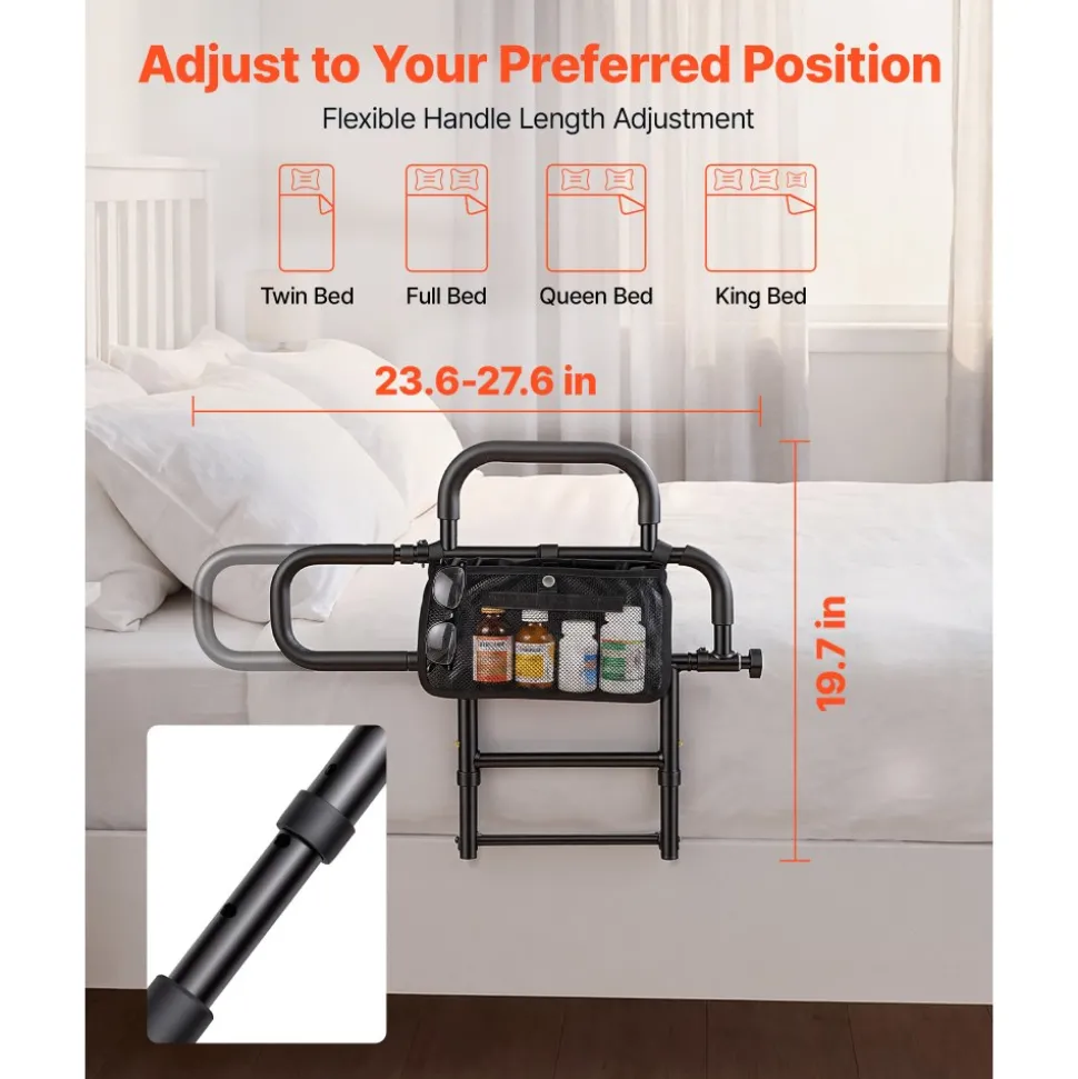 VEVOR Bed Rail for Elderly Adults Foldable Bedside Assist Rail for Seniors, 300LBS Dual-Handle Support, Adjustable Handle Length, High-Strength Steel, with Storage Pocket, Fit King Queen Full Twin Bed