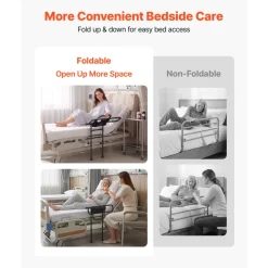 VEVOR Bed Rail for Elderly Adult Folding Bed Assist Rail with Floor Support, Motion Sensor LED Light, 300LBS Dual-Handle Support, Adjustable Handle Length, Storage Pocket, Fit King Queen Full Twin Bed