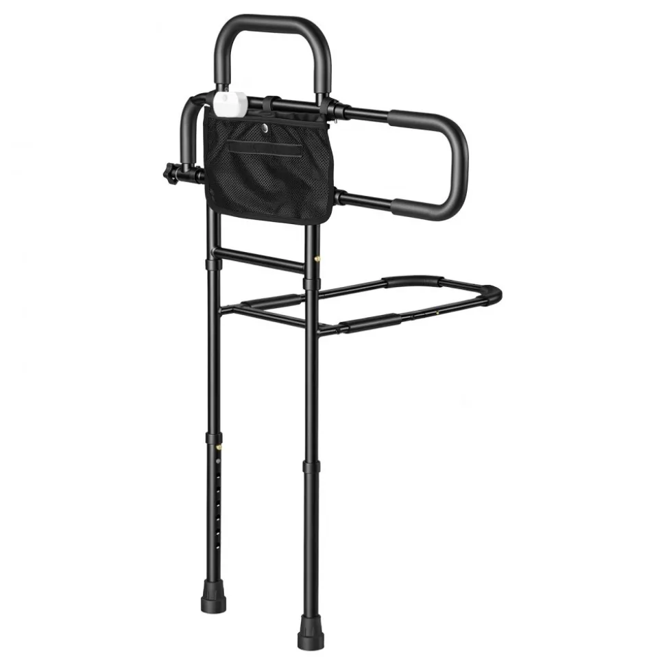 VEVOR Bed Rail for Elderly Adult Folding Bed Assist Rail with Floor Support, Motion Sensor LED Light, 300LBS Dual-Handle Support, Adjustable Handle Length, Storage Pocket, Fit King Queen Full Twin Bed