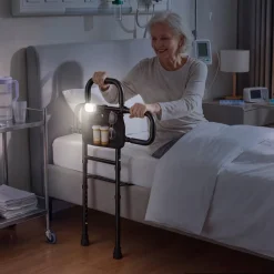 VEVOR Bed Rail for Elderly Adult Folding Bed Assist Rail with Floor Support, Motion Sensor LED Light, 300LBS Dual-Handle Support, Adjustable Handle Length, Storage Pocket, Fit King Queen Full Twin Bed