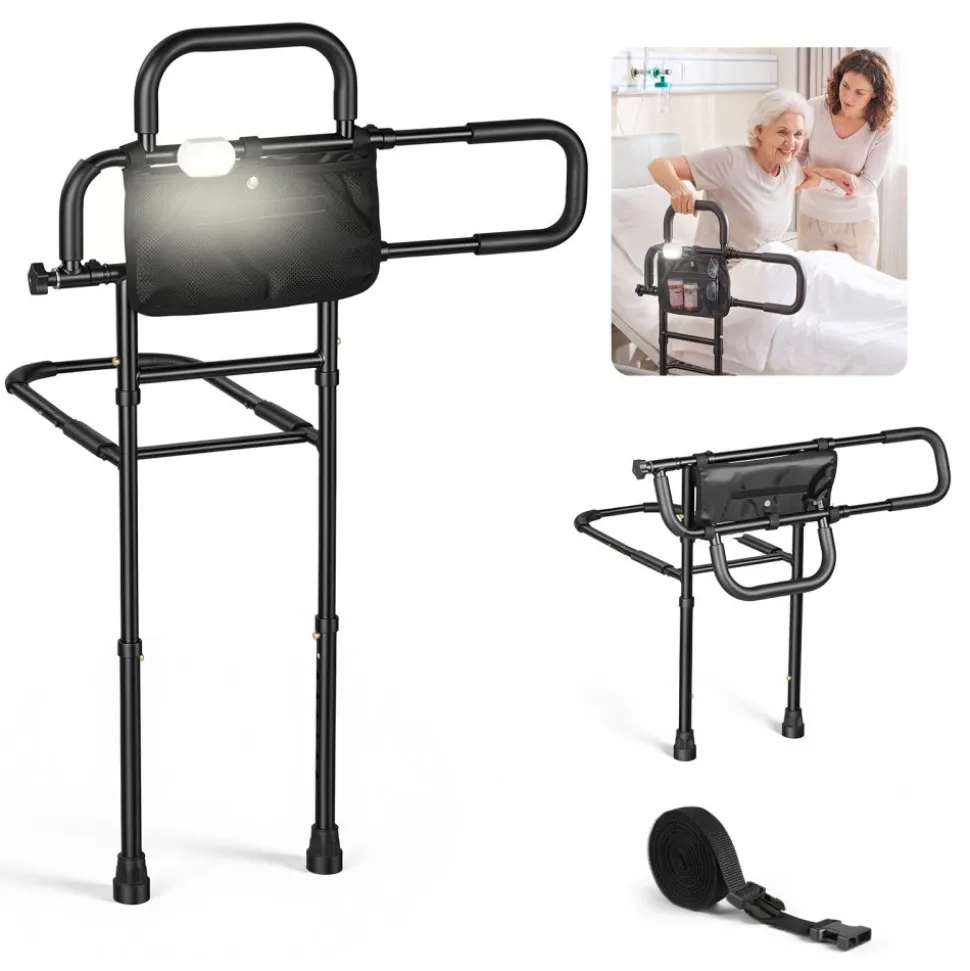 VEVOR Bed Rail for Elderly Adult Folding Bed Assist Rail with Floor Support, Motion Sensor LED Light, 300LBS Dual-Handle Support, Adjustable Handle Length, Storage Pocket, Fit King Queen Full Twin Bed