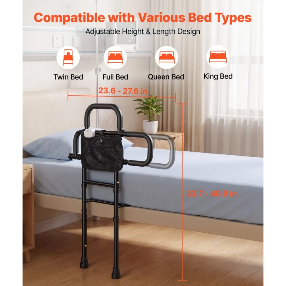 VEVOR Bed Rail for Elderly Adult Folding Bed Assist Rail with Floor Support, Motion Sensor LED Light, 300LBS Dual-Handle Support, Adjustable Handle Length, Storage Pocket, Fit King Queen Full Twin Bed