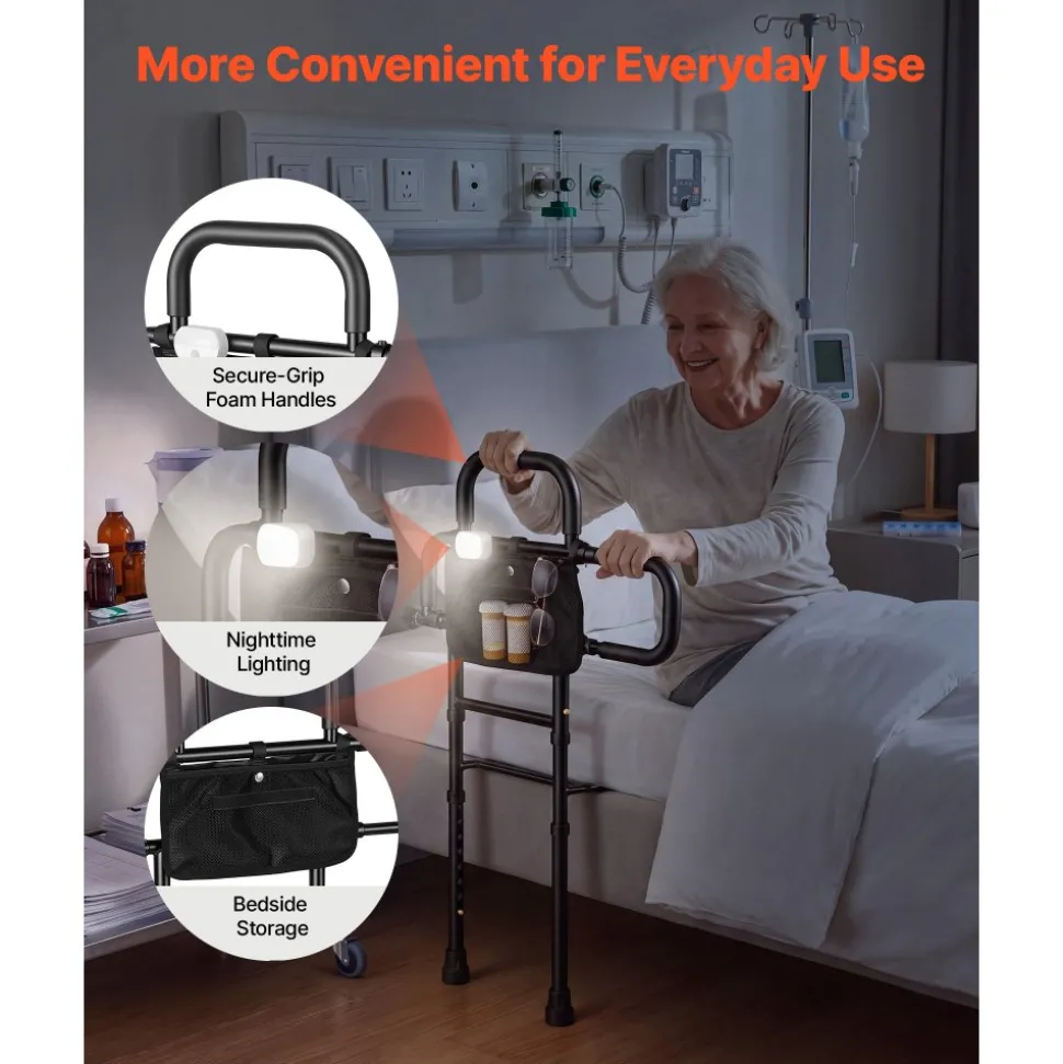 VEVOR Bed Rail for Elderly Adult Folding Bed Assist Rail with Floor Support, Motion Sensor LED Light, 300LBS Dual-Handle Support, Adjustable Handle Length, Storage Pocket, Fit King Queen Full Twin Bed