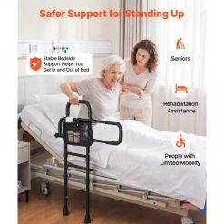 VEVOR Bed Rail for Elderly Adult Folding Bed Assist Rail with Floor Support, Motion Sensor LED Light, 300LBS Dual-Handle Support, Adjustable Handle Length, Storage Pocket, Fit King Queen Full Twin Bed