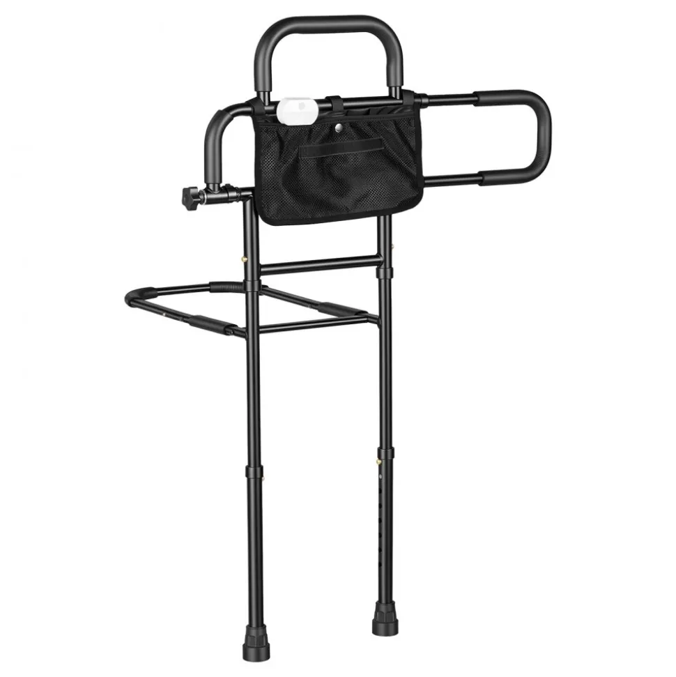 VEVOR Bed Rail for Elderly Adult Folding Bed Assist Rail with Floor Support, Motion Sensor LED Light, 300LBS Dual-Handle Support, Adjustable Handle Length, Storage Pocket, Fit King Queen Full Twin Bed