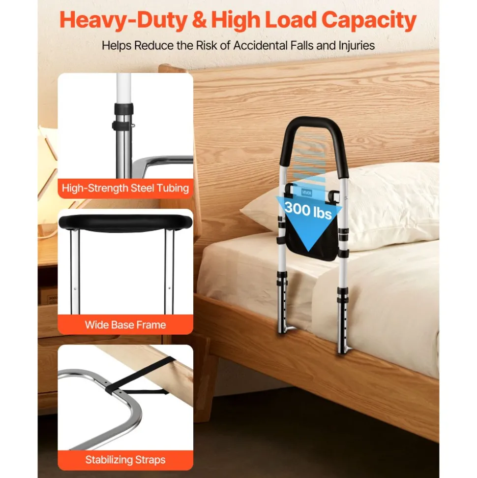 VEVOR Bed Rail for Elderly, Bedside Assist Rails with PU Handrail, Adjustable Height Pipe Bedside Cane, High-Strength Carbon Steel Bed Bars for Seniors & Patients, Fits King, Queen, Full, Twin