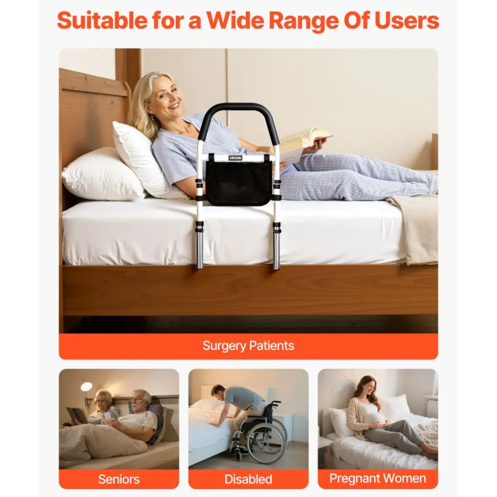 VEVOR Bed Rail for Elderly, Bedside Assist Rails with PU Handrail, Adjustable Height Pipe Bedside Cane, High-Strength Carbon Steel Bed Bars for Seniors & Patients, Fits King, Queen, Full, Twin