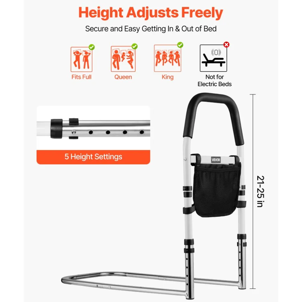 VEVOR Bed Rail for Elderly, Bedside Assist Rails with PU Handrail, Adjustable Height Pipe Bedside Cane, High-Strength Carbon Steel Bed Bars for Seniors & Patients, Fits King, Queen, Full, Twin