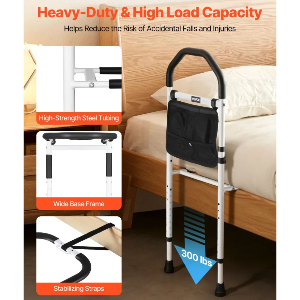 VEVOR Bed Rail for Elderly, Bedside Assist Rails with Supporting Leg and PU Handrail, Adjustable Height Carbon Steel Pipe Bedside Cane, Bed Bars for Seniors & Patients, Fits King, Queen, Full, Twin