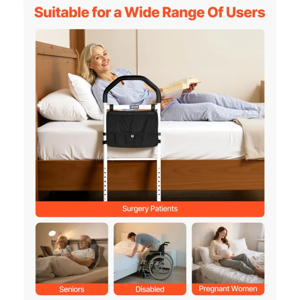 VEVOR Bed Rail for Elderly, Bedside Assist Rails with Supporting Leg and PU Handrail, Adjustable Height Carbon Steel Pipe Bedside Cane, Bed Bars for Seniors & Patients, Fits King, Queen, Full, Twin