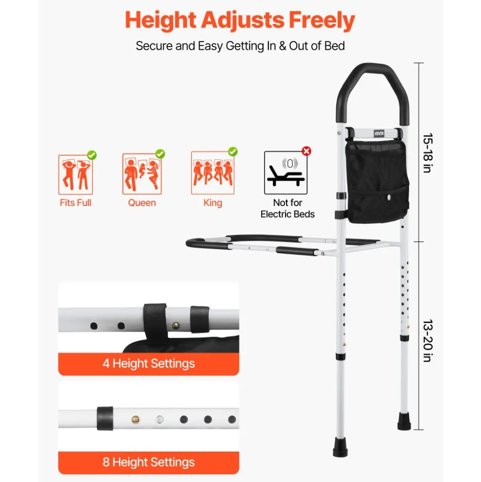 VEVOR Bed Rail for Elderly, Bedside Assist Rails with Supporting Leg and PU Handrail, Adjustable Height Carbon Steel Pipe Bedside Cane, Bed Bars for Seniors & Patients, Fits King, Queen, Full, Twin