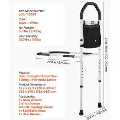 VEVOR Bed Rail for Elderly, Bedside Assist Rails with Supporting Leg and PU Handrail, Adjustable Height Carbon Steel Pipe Bedside Cane, Bed Bars for Seniors & Patients, Fits King, Queen, Full, Twin