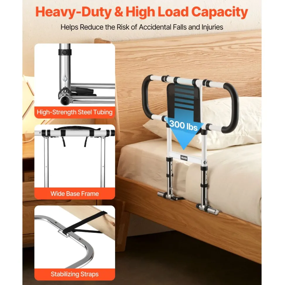 VEVOR Bed Rail for Elderly, Foldable & Extendable Bedside Assist Rail with Side Handles & PU Handrail, Adjustable Height Carbon Steel Pipe Bedside Cane, Senior Bed Bar Fits King, Queen, Full, Twin