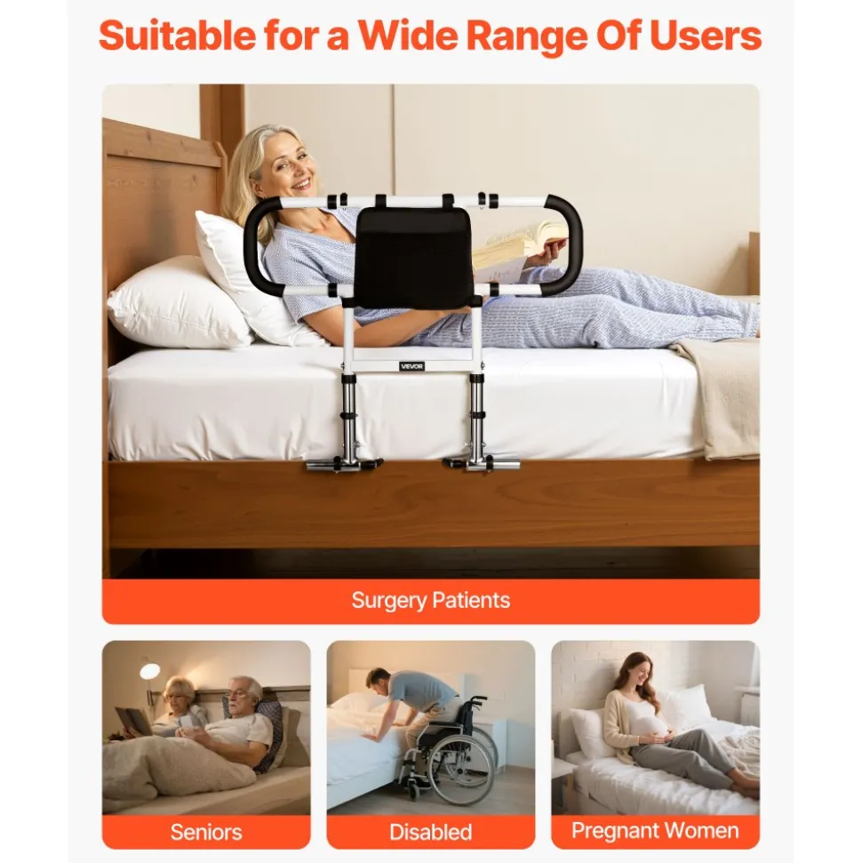 VEVOR Bed Rail for Elderly, Foldable & Extendable Bedside Assist Rail with Side Handles & PU Handrail, Adjustable Height Carbon Steel Pipe Bedside Cane, Senior Bed Bar Fits King, Queen, Full, Twin