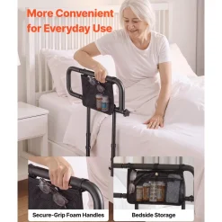 VEVOR Bed Rails for Elderly Adults Folding Bed Side Assist Rail for Seniors, Length & Height Adjustable, High-Strength Steel Bed Cane with Storage Pocket, Fits King Queen Full Twin Bed, 300LBS Support