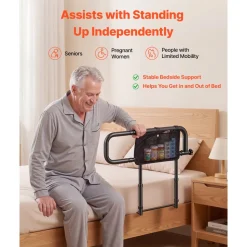 VEVOR Bed Rails for Elderly Adults Folding Bed Side Assist Rail for Seniors, Length & Height Adjustable, High-Strength Steel Bed Cane with Storage Pocket, Fits King Queen Full Twin Bed, 300LBS Support