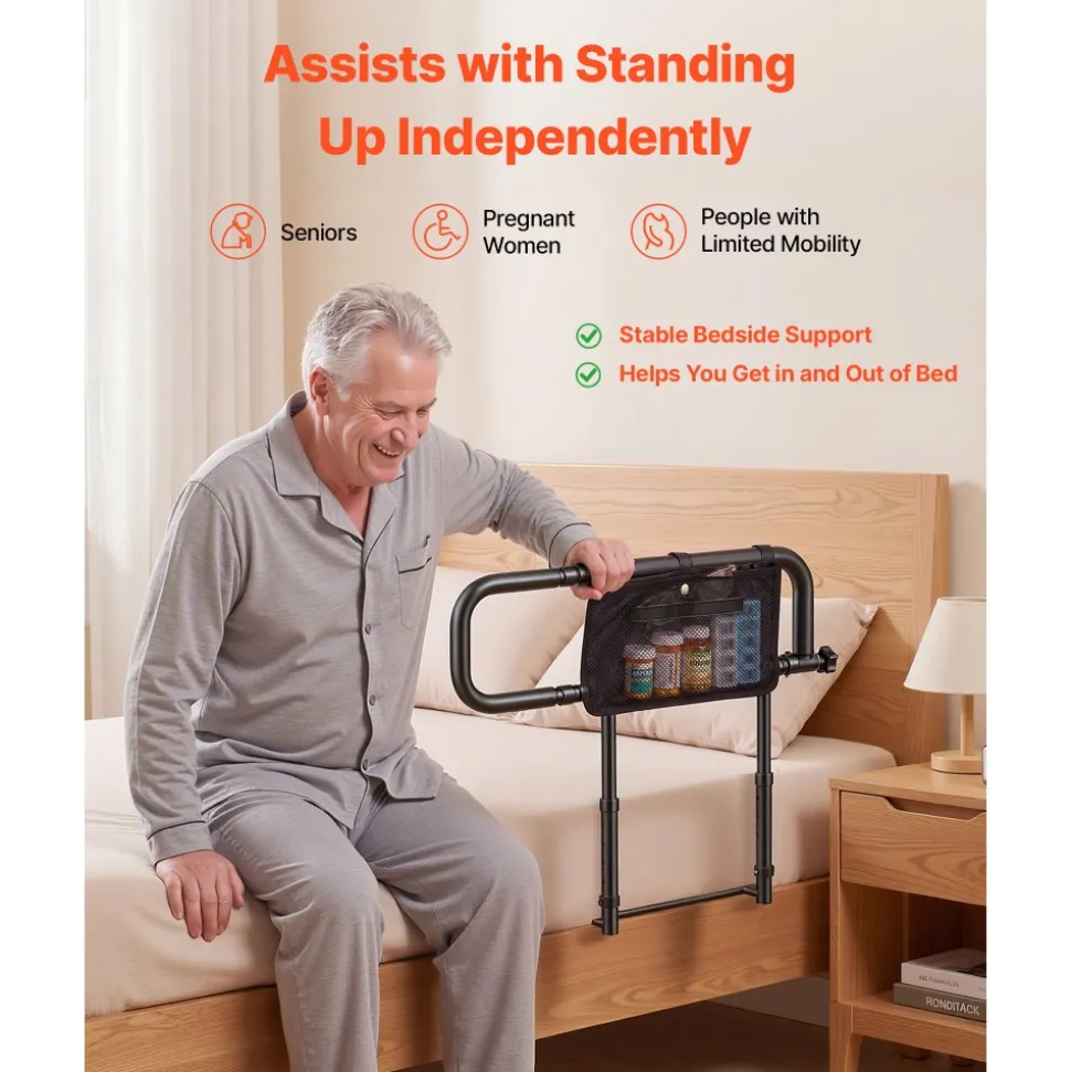 VEVOR Bed Rails for Elderly Adults Folding Bed Side Assist Rail for Seniors, Length & Height Adjustable, High-Strength Steel Bed Cane with Storage Pocket, Fits King Queen Full Twin Bed, 300LBS Support