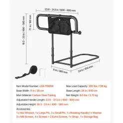 VEVOR Bed Rails for Elderly Adults Folding Bed Side Assist Rail for Seniors, Length & Height Adjustable, High-Strength Steel Bed Cane with Storage Pocket, Fits King Queen Full Twin Bed, 300LBS Support