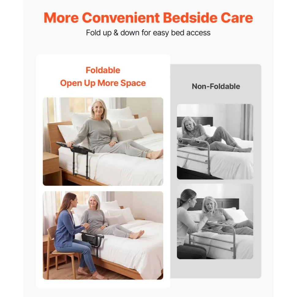 VEVOR Bed Rails for Elderly Adults Folding Bed Side Assist Rail for Seniors, Length & Height Adjustable, High-Strength Steel Bed Cane with Storage Pocket, Fits King Queen Full Twin Bed, 300LBS Support