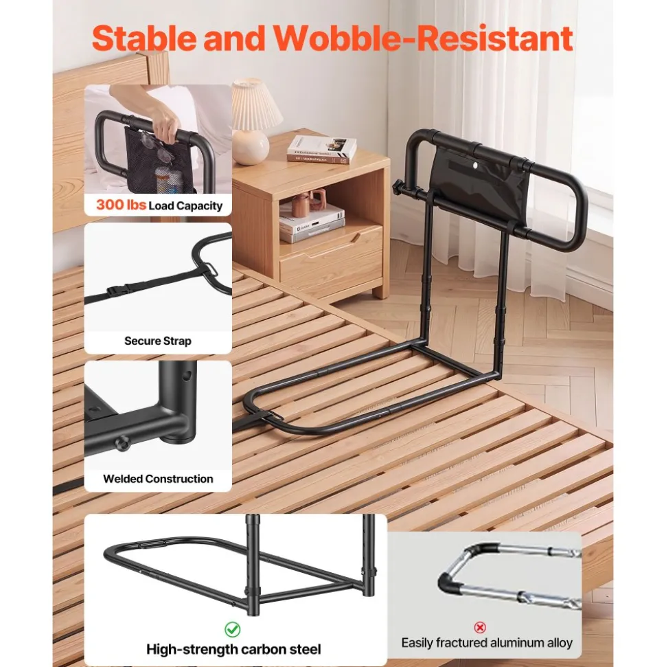 VEVOR Bed Rails for Elderly Adults Folding Bed Side Assist Rail for Seniors, Length & Height Adjustable, High-Strength Steel Bed Cane with Storage Pocket, Fits King Queen Full Twin Bed, 300LBS Support