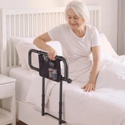 VEVOR Bed Rails for Elderly Adults Folding Bed Side Assist Rail for Seniors, Length & Height Adjustable, High-Strength Steel Bed Cane with Storage Pocket, Fits King Queen Full Twin Bed, 300LBS Support