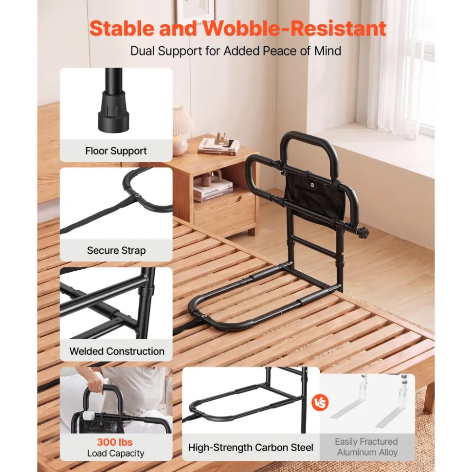 VEVOR Bed Rails for Elderly Adults 200LBS Capacity Bed Side Assist Rail, High-Strength Steel, L-Shaped Bedside Cane for Seniors, Adjustable Handle Length, Fits King Queen Full Twin Beds