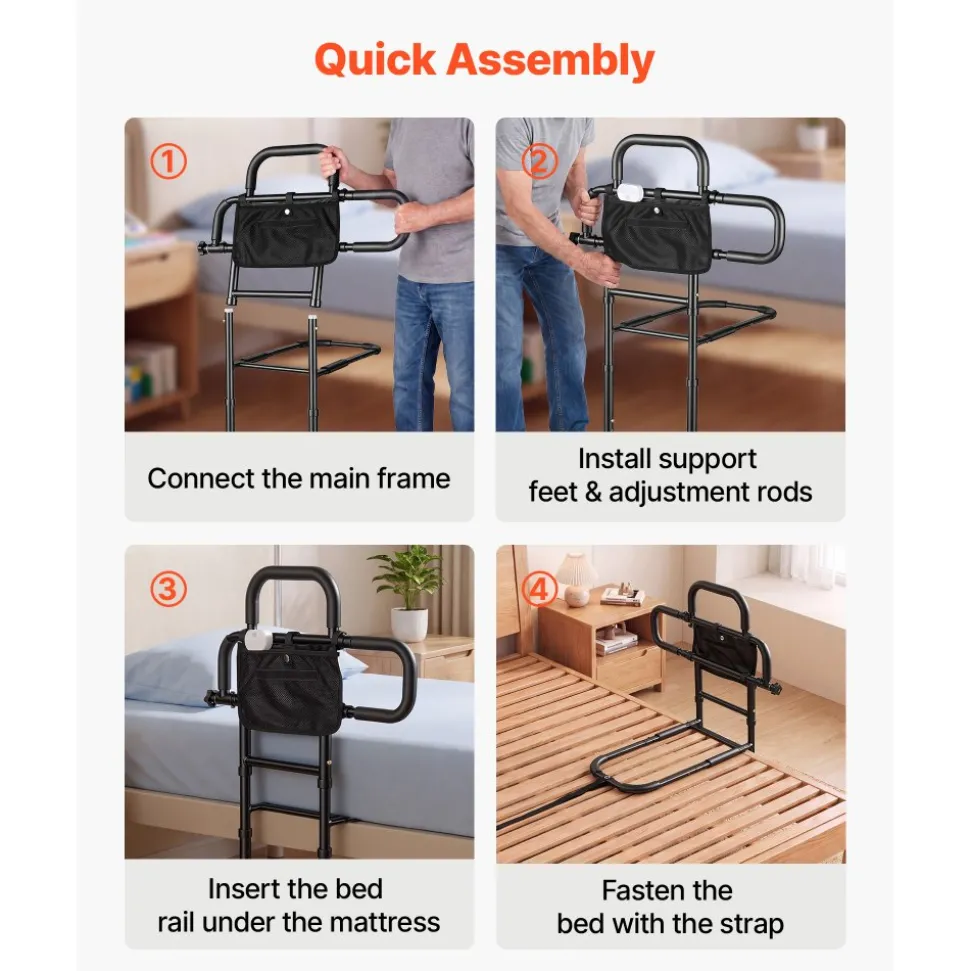 VEVOR Bed Rails for Elderly Adults 200LBS Capacity Bed Side Assist Rail, High-Strength Steel, L-Shaped Bedside Cane for Seniors, Adjustable Handle Length, Fits King Queen Full Twin Beds